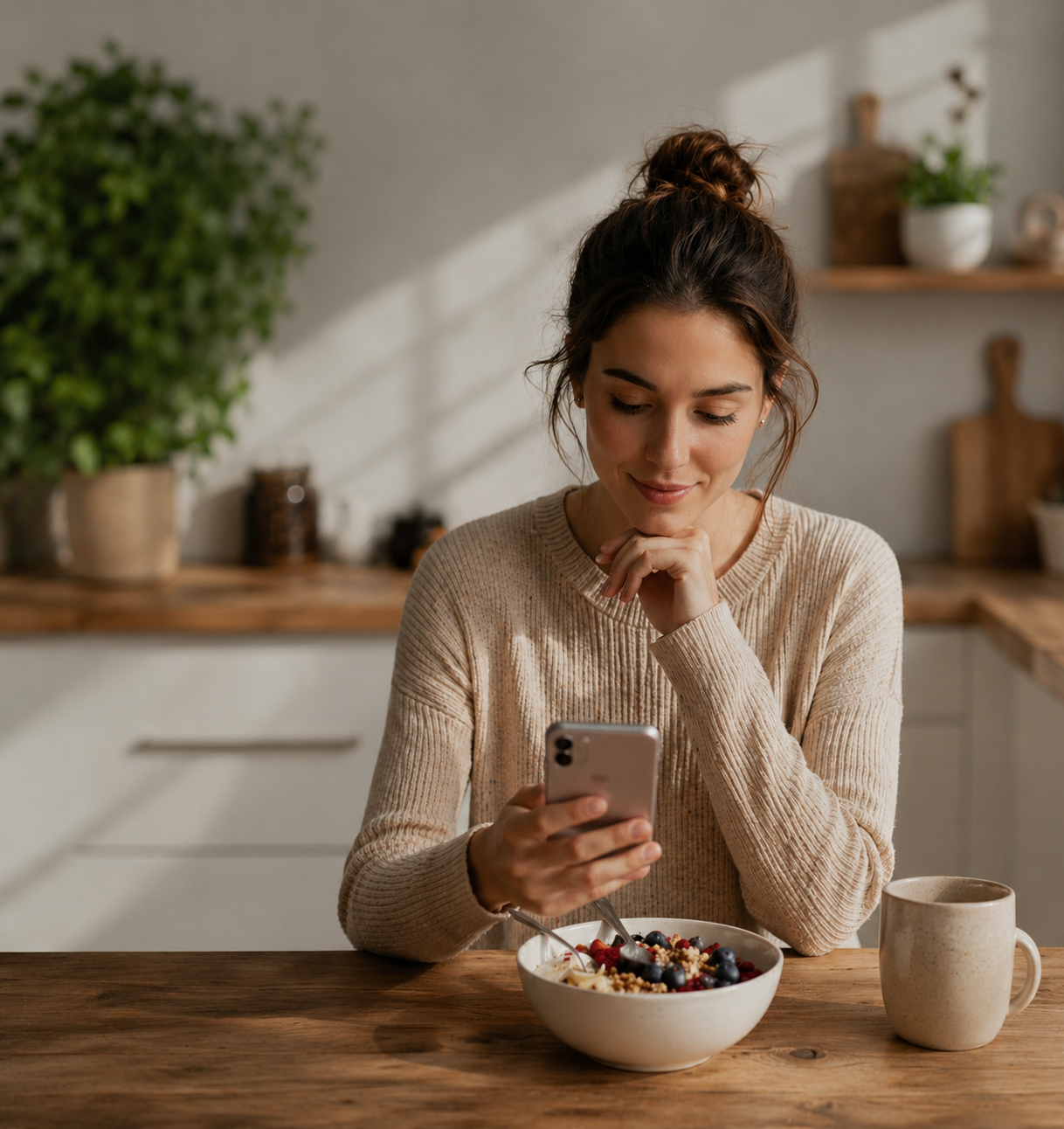 A woman enjoying a healthy meal — Nibblio adapts to your daily context